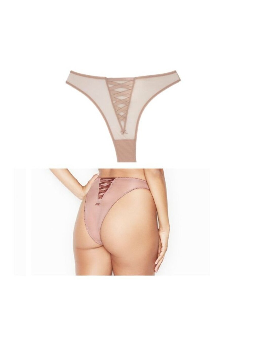 ⭐Victoria's Secret Dream Angels Tan Sheer Tulle Lace Up Brazilian Panty Sz L New